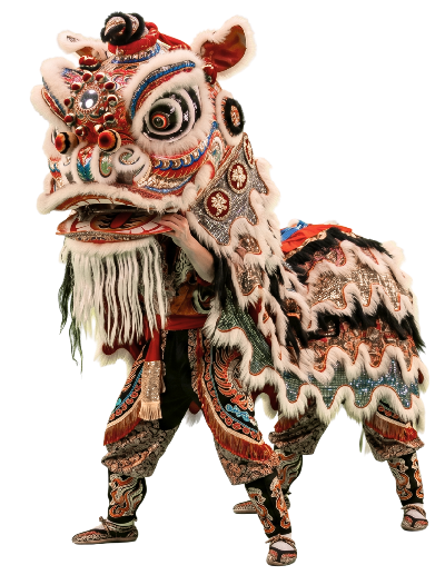 Disfraz tradicional de la danza del león chino con detalles en rojo, dorado y blanco tomada en China